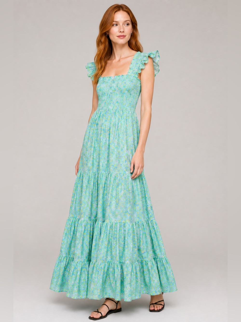 RIXO Kendall Floral Smocked Maxi Dress US 14 XXL Blue Green Tiered Boho